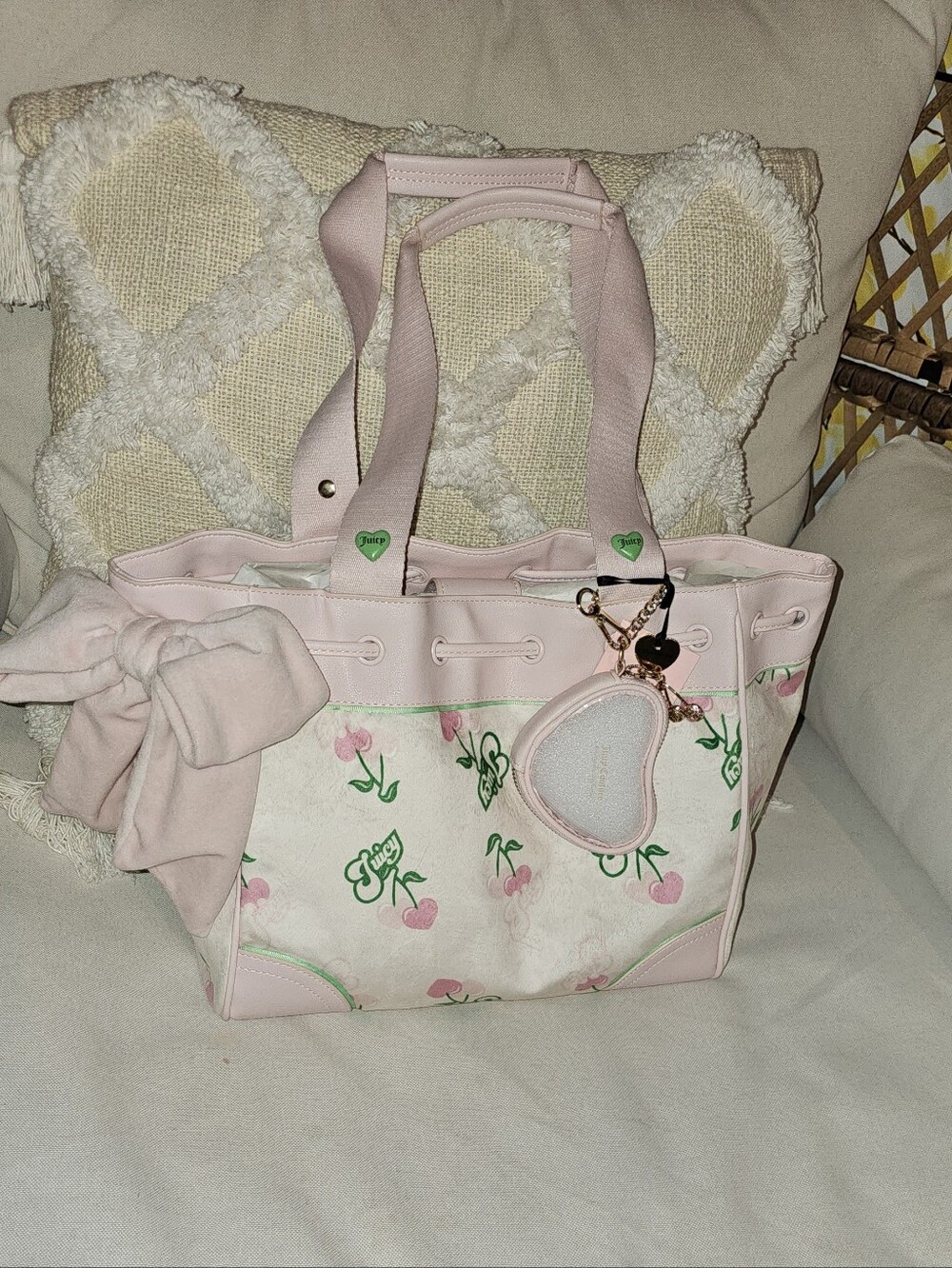 Juicy Couture Pink Cherry Print Tote with Heart Charm